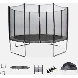 sweeek Trampoline 370 gris avec pack d'accessoires + tente de camping avec sac de transport - Gris