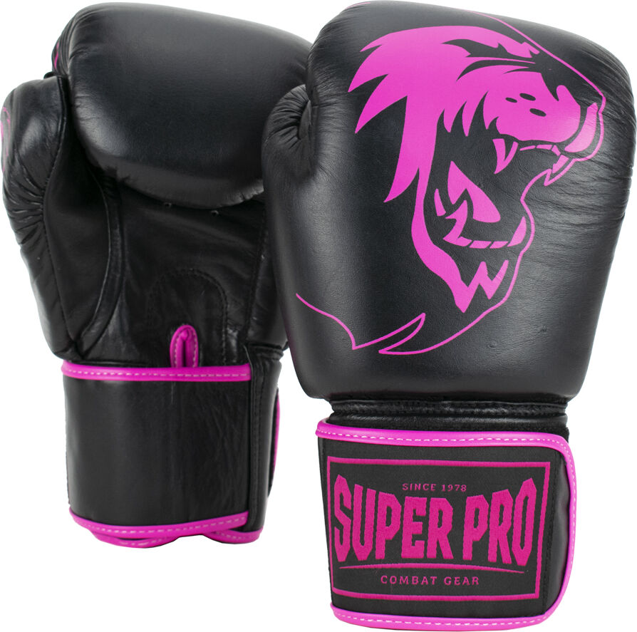 Super Pro Combat Gear Warrior Lederen (Kick)Bokshandschoenen - Zwart/Roze - 10 oz