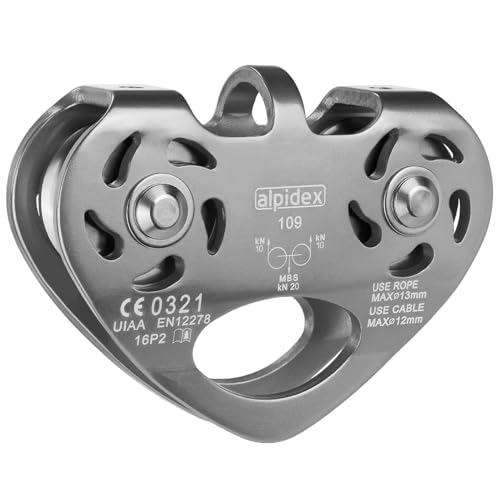 ALPIDEX Katrol Spanrol 20 kN Tandem Pulley Voor Textieltouwen Tot 13 mm En Voor Staalkabels Tot 12 mm EN12278, Kleur: Zilver