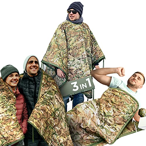 AMZoutdoor ® 3-in-1 poncho + slaapzak met kussen + outdoor deken, zomerslaapzak, vissen, slaapzak voor wandelen, lichte outdoor deken, licht