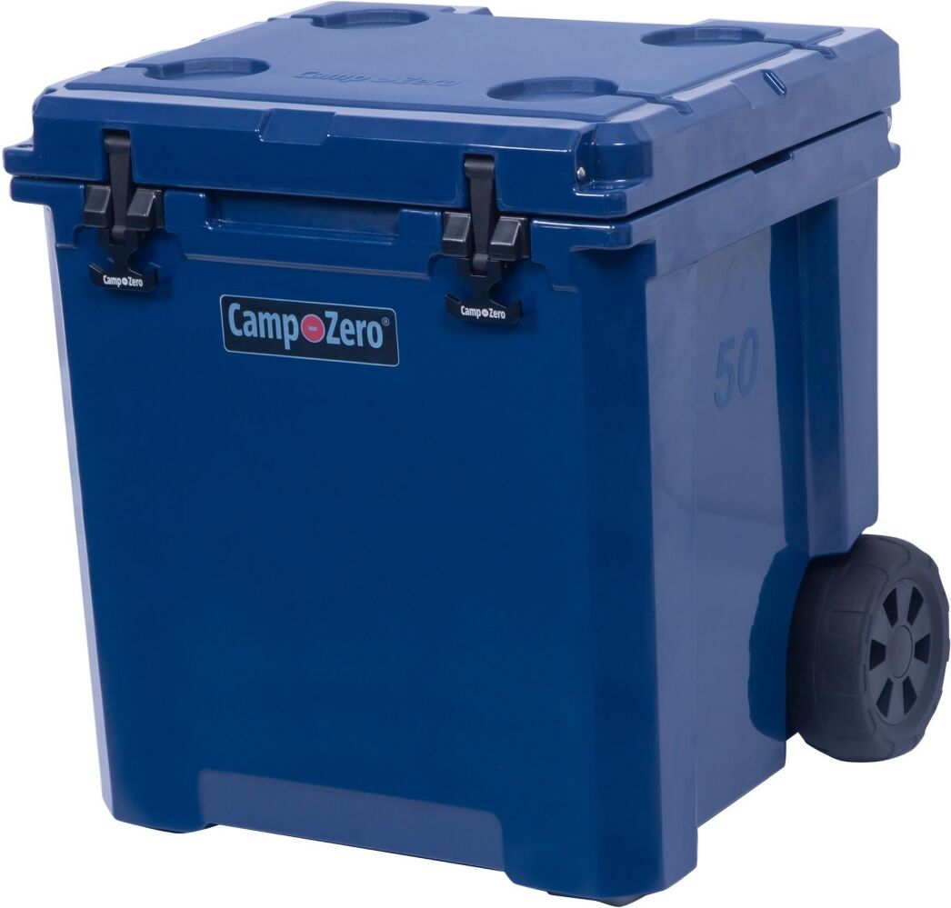 Camp-zero 50 - 52 Qt. Premium Chest Cooler with Wheels and 4 Molded-In Cup Holders   White - Navy blue