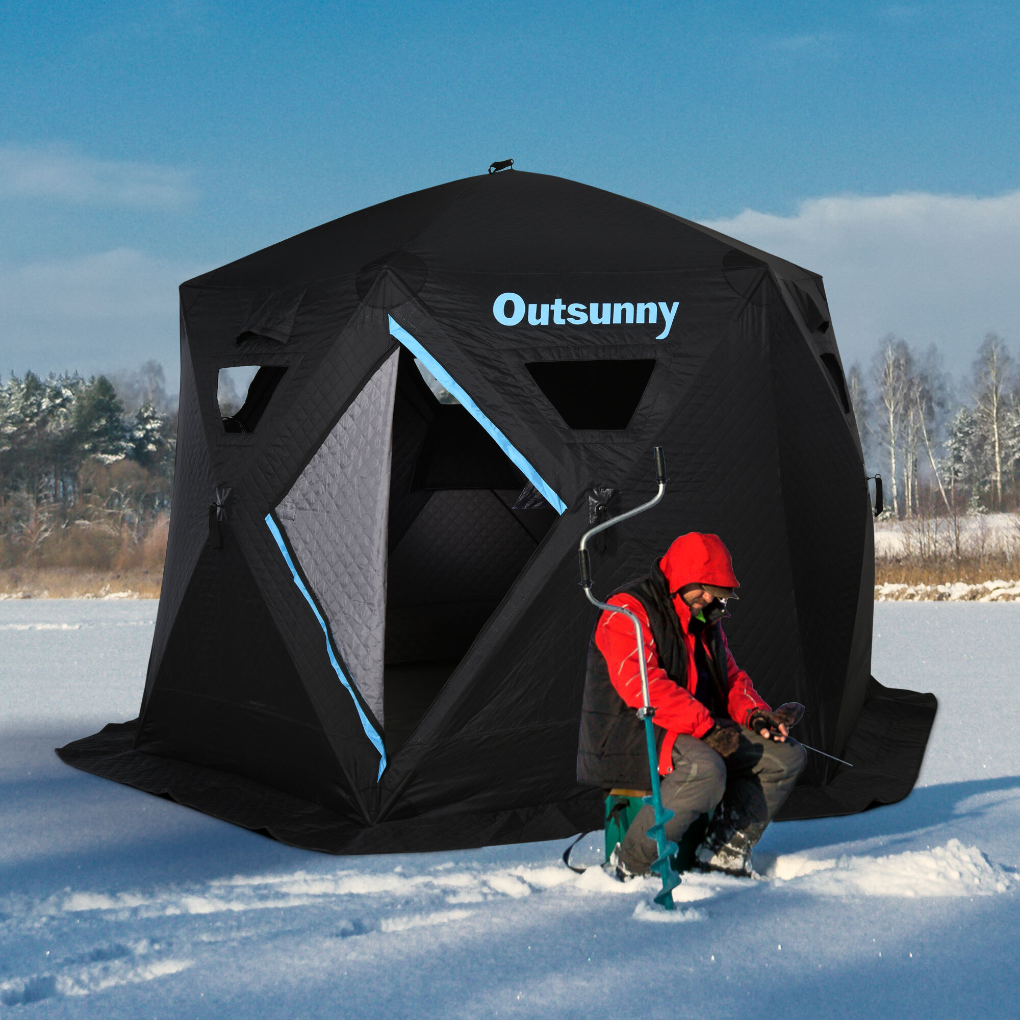 Outsunny 116.25" Pop-up Ice Fishing Shelter Tent for 4-6 People -40℃ Portable w/ Carry Bag Zippered Door Ground Stakes Oxford Fabric   Aosom Canada