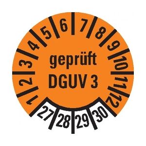 Dreifke® Prüfplakette ,gepr.DGUV Vorschrift 3,27-30,orange,Dokufolie,Ø10mm,1000/Rolle
