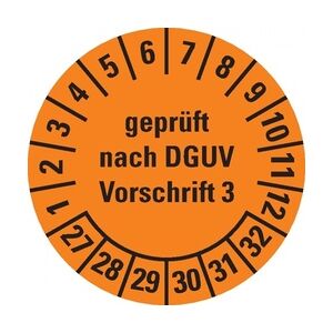 Dreifke® Prüfplakette gepr.n.DGUV Vorschrift 3,27-32,orange,Folie,ablösbar,Ø 15mm,1000/Rolle