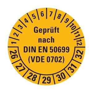 Dreifke® Prüfplakette geprüft nach DIN EN 50699(VDE 0702) 26-32, gelb, Dokumentenfolie, Ø 30mm, 500/Rolle