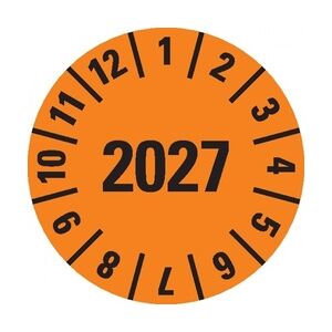 Dreifke® Prüfplakette 2027, orange, Dokumentenfolie, selbstklebend, Ø 15mm, 1000/Rolle