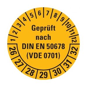 Dreifke® Prüfplakette geprüft nach DIN EN 50678(VDE 0701) 26-32, gelb, Dokumentenfolie, Ø 30mm, 500/Rolle