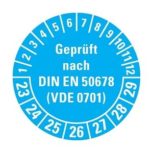 Dreifke® Prüfplakette geprüft nach DIN EN 50678(VDE 0701) 23-29, blau, Dokumentenfolie, Ø 30mm, 18 St/Bogen