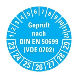 Dreifke® Prüfplakette geprüft nach DIN EN 50699(VDE 0702) 23-29, blau, Dokumentenfolie, Ø 30mm, 18 St/Bogen