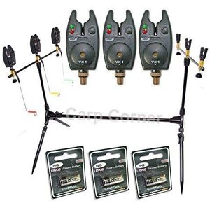 NGT Carp Fishing Rod Pod 3x Black Bite Alarms With Volume Control 3x Indicator Swingers & Rests