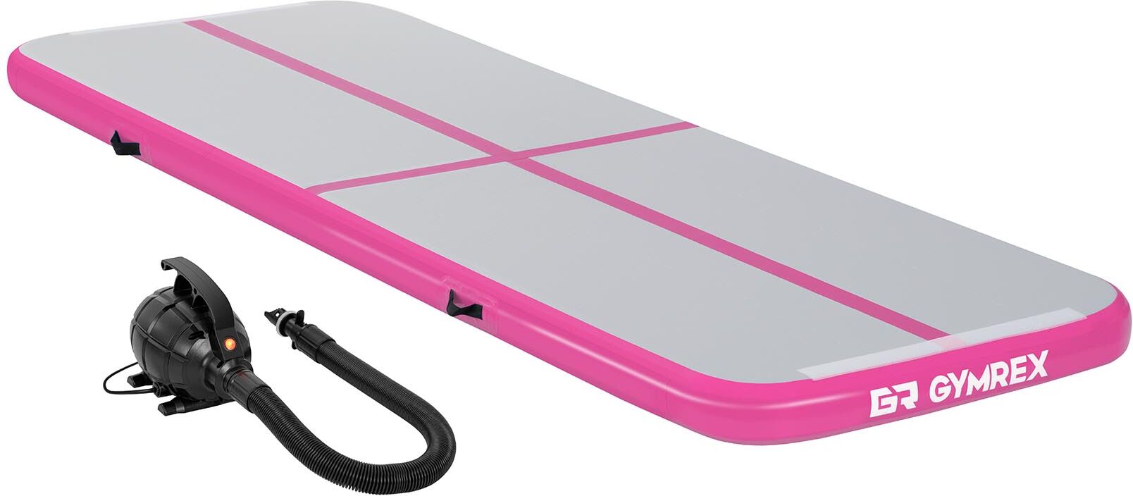 Gymrex Set Aufblasbare Turnmatte - Airtrack inklusive Luftpumpe - Airtrack - 300 x 100 x 10 cm - 150 kg - pink/grau