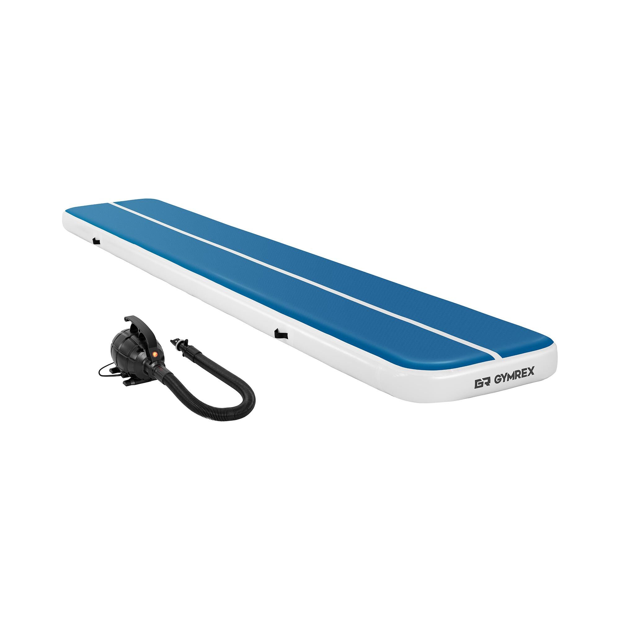 Gymrex Set Aufblasbare Turnmatte - Airtrack inklusive Luftpumpe - Airtrack - 600 x 100 x 20 cm - 300 kg - blau/weiß