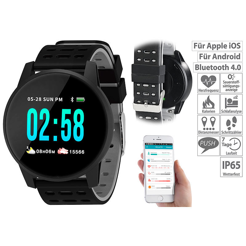 newgen medicals Fitness-Uhr mit Herzfrequenz- und Nachrichten-Anzeige, Bluetooth, IP65