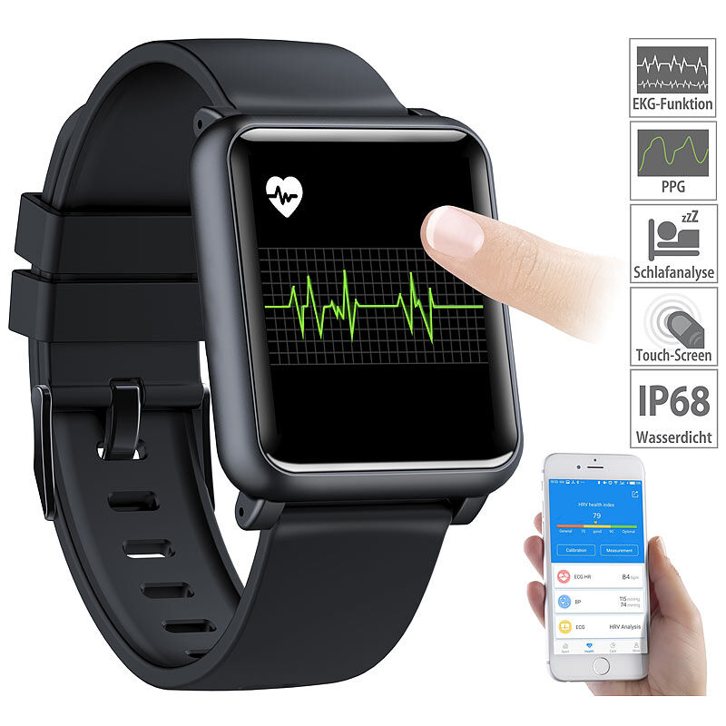 newgen medicals Fitness-Uhr mit EKG- & Blutdruckanzeige, Bluetooth, Touchdisplay, IP68