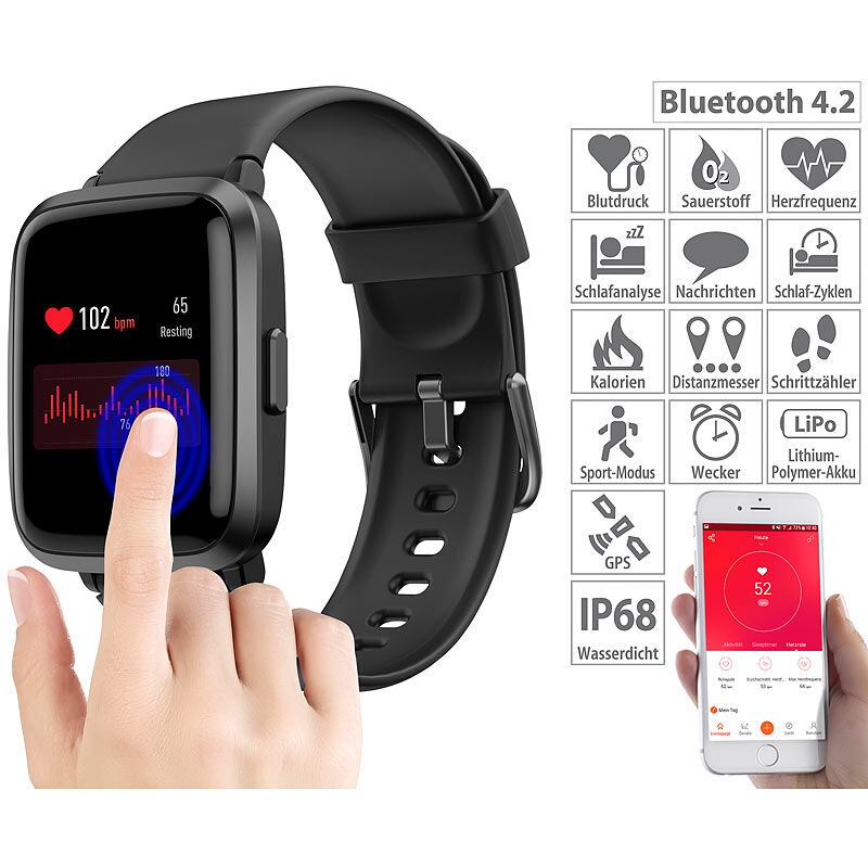 newgen medicals Fitness-Armband mit Glas-Touchscreen-Display, SpO2-Anzeige, App, IP68