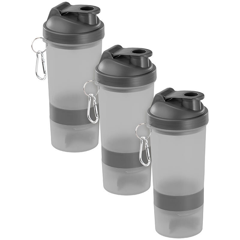 Pearl 3er-Set Fitness-Drink-Shaker mit 2 Pulverkammern & Mischball, 500 ml