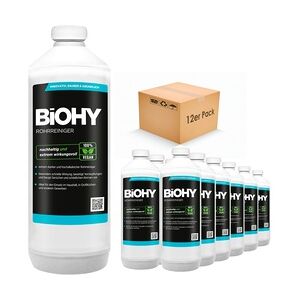 BiOHY Rohrreiniger (12x1l Flasche)   EXTRA STARK   Flüssiger, hochkonzentrierter Abflussreiniger   Geruchsneutral   Für alle Verstopfungen