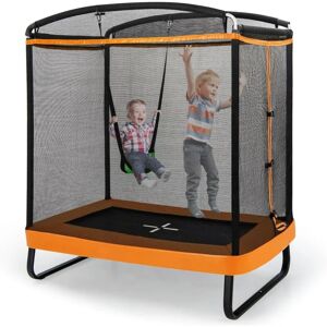 COSTWAY 2 in 1 Kindertrampolin mit Schaukel, Gartentrampolin rechteckig mit Sicherheitsnetz & Randabdeckung, Indoor-/Outdoortrampolin für Kinder bis 100kg