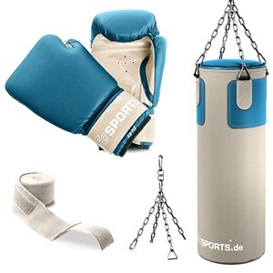 ScSPORTS Boxing Set With Punching Bag, 25 kg, Includes Boxing Gloves, Boxing Bandages and 5 Point Steel Chain, Beige/Petrol, 80 x 30 cm