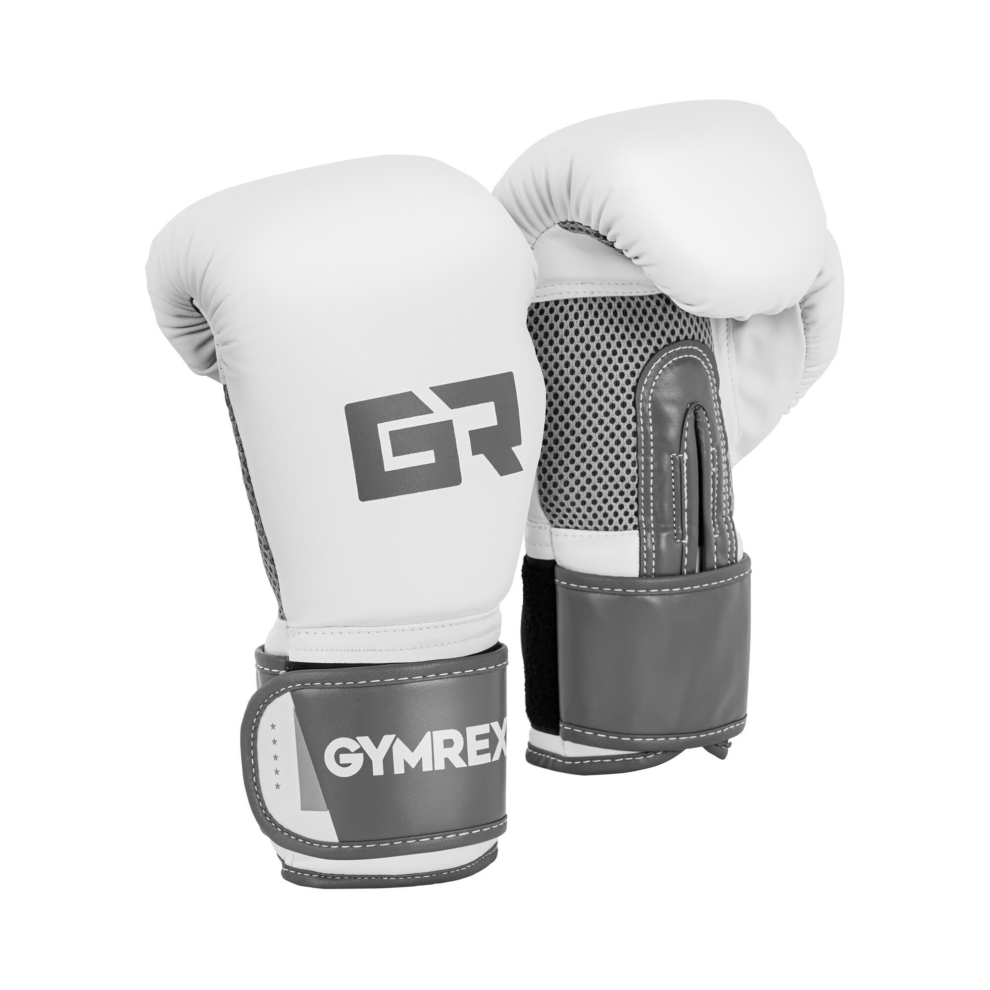 Gymrex Nyrkkeilyhanskat - 10 oz - mesh-sisus - valkoinen ja vaaleanharmaa/metalli