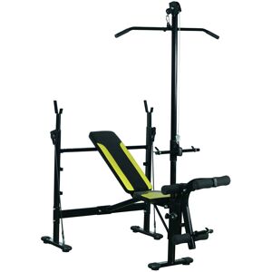 Homcom - Banc de musculation Fitness entrainement complet dossier réglable cordes traction curler supports barre et haltères noir et jaune - Publicité