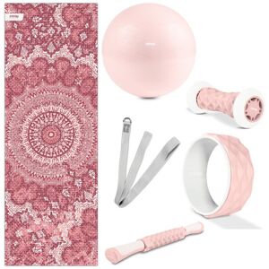 Fitfiu Fitness - Kit de 6 accessoires KITWELL-600 rose pour yoga et pilates. Enseble d'articles qui comprend tapis ethnique, wheel, rouleau de massage, ballon gym, rouleau massage pieds et sangle - Publicité