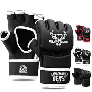 BEAST RAGE BEASTRAGE Gants MMA pour Hommes et Femmes, Gants d'arts Martiaux, Paume ventilée, Cuir Vegan, Combat en Cage, Muay Thai, Kick Boxing, Punching Bag, Boxe, Kickboxing (M, Blanc) - Publicité