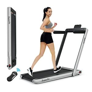 GOPLUS Tapis de Course Électrique avec Double Affichage LED et Vitesse Réglable 1-12 KM/H, Tapis Roulant Pliable avec Télécommande & Bluetooth, Tapis de Marche Fitness pour Maison, Gymnase, Argent - Publicité