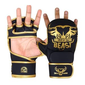 BEAST RAGE MMA Gants pour Hommes et Femmes, Support de Poignet Ajustable, Paume Ouverte, Gants d'arts Martiaux pour Muay Thai, Combat en Cage, Taekwondo (Or, L/XL) - Publicité