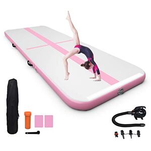 COSTWAY Tapis de Gymnastique Gonflable 300x100CM Matelas de Gymnastique Air Track avec Pompe Electrique,Kit de Réparation en PVC pour Yoga Taekwondoe Tumbling (Rose) - Publicité