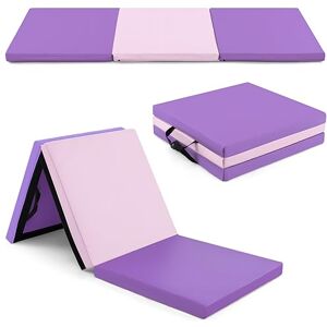 GYMAX Tapis d'Exercice Pliable à 3 Volets, Tapis de Gymnastique Portable, Housse en Cuir PU, Fermeture Auto-Agrippante, Poignées de Transport, pour Yoga/Étirements/Arts Martiaux (Rose+Violet) - Publicité