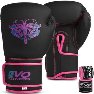 EVO Fitness Gants de boxe rose mat pour femme, sac de frappe, MMA, Muay Thai, arts martiaux, kick-boxing, gants d'entraînement de combat avec bandages pour les mains (rose, 340,2 g) - Publicité