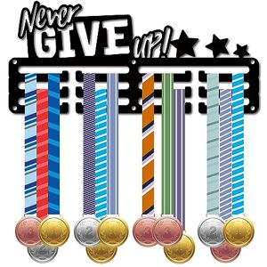 CREATCABIN Porte-Médaille Présentoir Sports Métal Suspendu Récompenses Fer Petit Support Décor pour Mur Maison Course Course Gymnastique Natation Football Médaillé Noir 29x13cm Never Give Up - Publicité