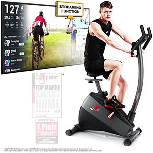 SPORTSTECH Vélo Appartement Connecté Ergomètre ESX500 Roue d'Inertie 12 kg Résistance Magnétique 16 Niveaux 12 Programmes Compatible Ceinture Pulsée Sans Fil L.132,1 x l.52,2 x H.96,4 cm - Publicité