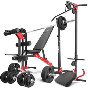 Ensemble MH25_162KG_KIER_G   Banc de musculation + supports pour barres + banc à biceps + extension de jambes + poulie pour traction + kit de barres d'haltères renforcées et de disques caoutchoutés pour la musculation de 113 kg - Marbo Sport - Publicité