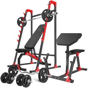 Ensemble MH10_136KG_KIER   Banc de musculation MH-L114 + supports multiniveaux MH-S204 + banc à biceps MH-L105 + kit de barres d'haltères renforcées et de disques pour la musculation de 83 kg - Marbo Sport - Publicité