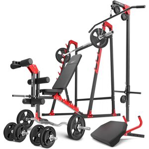 Ensemble MH26_147KG_KIER_G   Banc de musculation + supports pour barres + banc à biceps + extension de jambes + poulie pour traction + kit de barres d'haltères renforcées et de disques caoutchoutés pour la musculation de 83 kg - Marbo Sport - Publicité