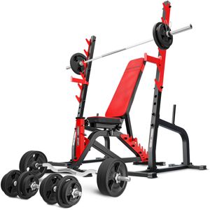 Ensemble MS8_166KG_KIER_G   Banc de musculation MS-L102 + supports pour barres MS-S105 + kit de barres d'haltères renforcées et de disques caoutchoutés pour la musculation de 113 kg - Marbo Sport - Publicité