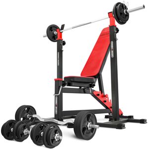 Ensemble MS10_151KG_KIER_G   Banc de musculation MS-L102 + supports pour barre (2 pièces) MS-S101 + Kit de barres d'haltères renforcées et de disques caoutchoutés pour la musculation de 113 kg - Marbo Sport - Publicité