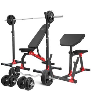 Ensemble MH9_151KG_KIER   Banc de musculation MH-L114 + supports pour barres MH-S201 + banc à biceps MH-L105 + kit de barres d'haltères renforcées et de disques pour la musculation de 113 kg - Marbo Sport - Publicité