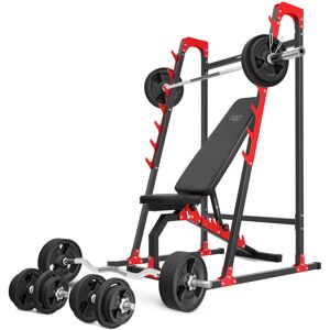 Ensemble MH8_155KG_KIER_G   Banc de musculation MH-L114 + supports pour barres MH-S204 + kit de barres d'haltères renforcées et de disques caoutchoutés pour la musculation de 113 kg - Marbo Sport - Publicité