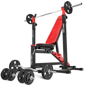 Ensemble MS10_121KG_KIER_G   Banc de musculation MS-L102 + supports pour barre (2 pièces) MS-S101 + Kit de barres d'haltères renforcées et de disques caoutchoutés pour la musculation de 83 kg - Marbo Sport - Publicité