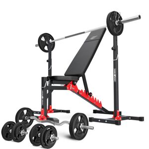 Ensemble MH19_111KG_KIER_G   Banc de musculation MH-L115 + Support pour barres MH-S201 + kit de barres d'haltères renforcées et de disques caoutchoutés pour la musculation de 83 kg - Marbo Sport - Publicité