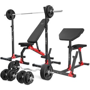 Ensemble MH9_151KG_KIER_G   Banc de musculation MH-L114 + supports pour barres MH-S201 + banc à biceps MH-L105 + kit de barres d'haltères renforcées et de disques caoutchoutés pour la musculation de 113 kg - Marbo Sport - Publicité