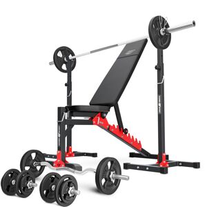 Ensemble MH19_111KG_KIER   Banc de musculation MH-L115 + Support pour barres MH-S201 + kit de barres d'haltères renforcées et de disques pour la musculation de 83 kg - Marbo Sport - Publicité