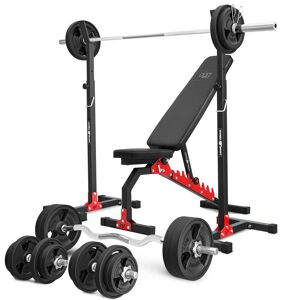 Ensemble MH7_140KG_KIER_G   Banc de musculation MH-L114 + supports pour barres MH-S201 + kit de barres d'haltères renforcées et de disques caoutchoutés pour la musculation de 113 kg - Marbo Sport - Publicité