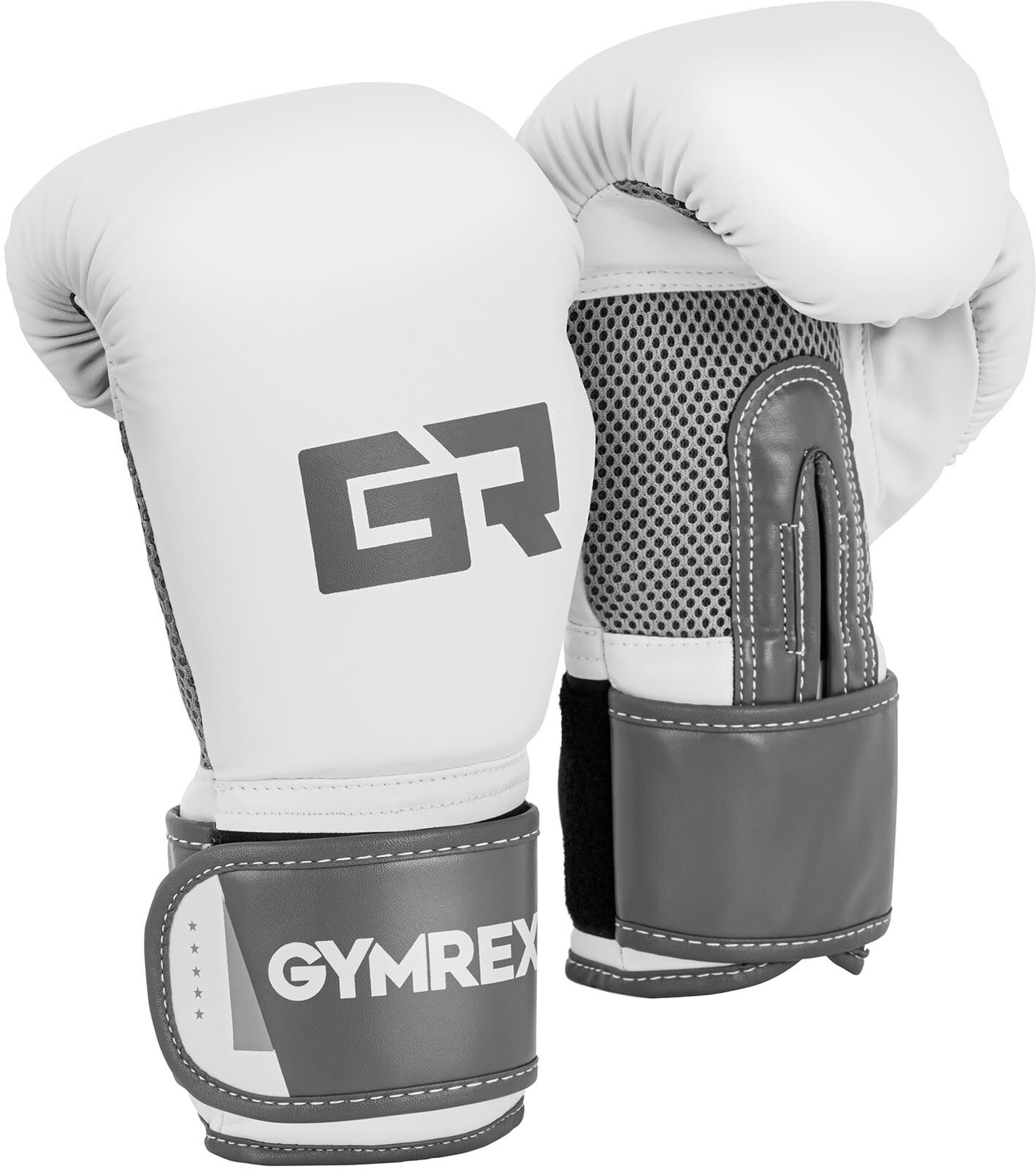 Gymrex Boxing Gloves - 10 oz - interior mesh - white and light metallic grey