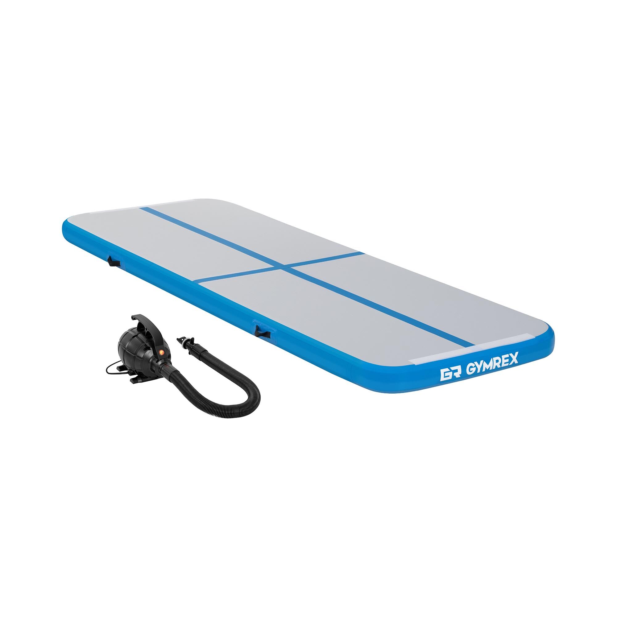 Gymrex Set: Opblaasbare gymmat met elektrische luchtpomp - 300 x 100 x 10 cm - 150 kg - blauw / grijs GR-ATM1-SET
