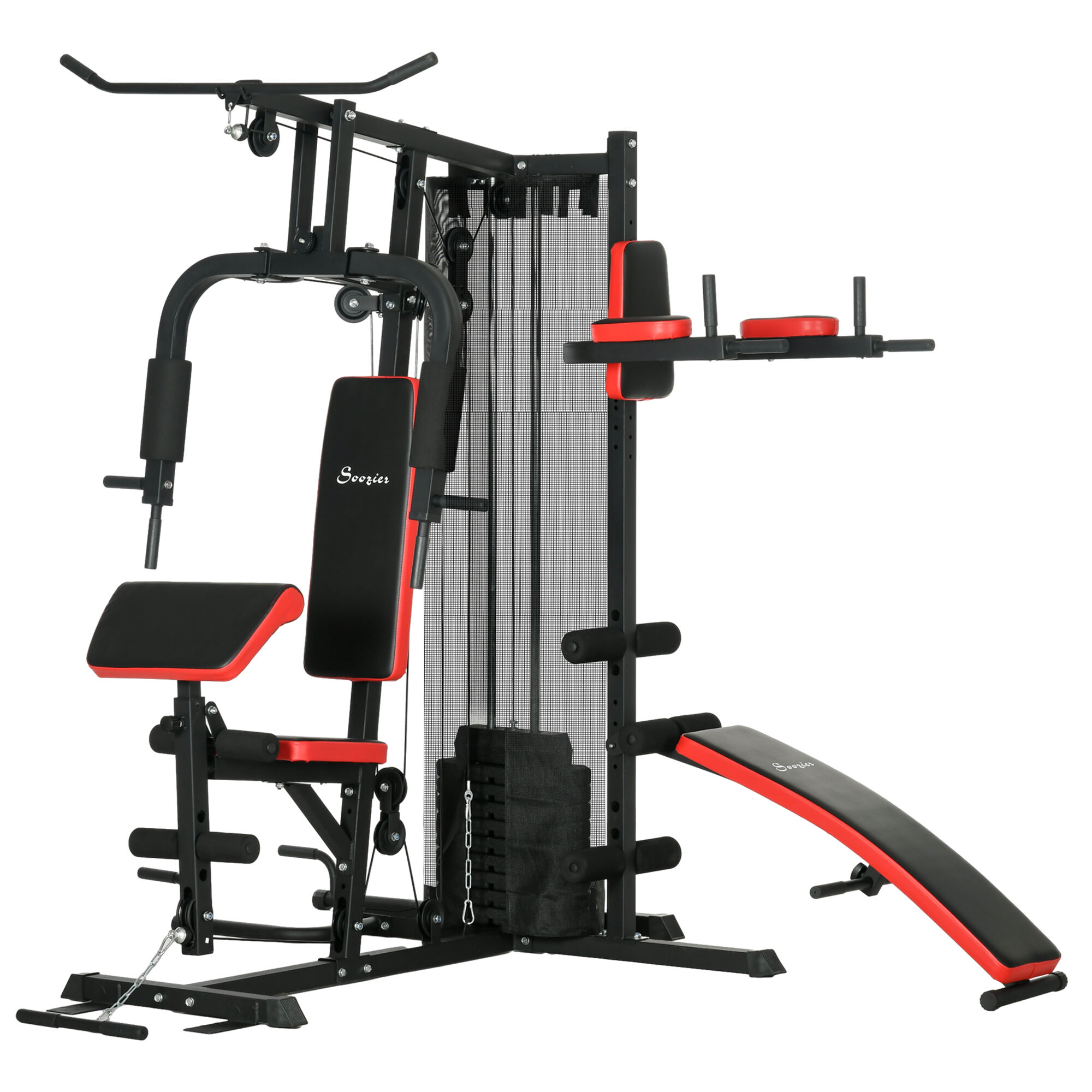 Soozier Multi Home Gym Equipment, Workout Station with Sit up Bench, Push up Stand, Dip Station, 143lbs Weights