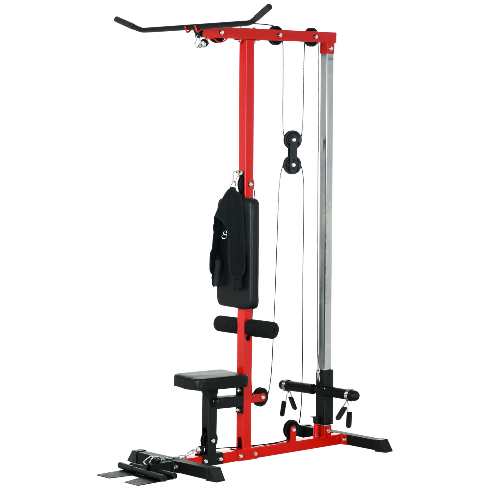 Soozier Lat Pull Down Machine High Low Pulley Adjustable Seat Flip-Up Footplate Red Home Gym Equipment   Aosom.com